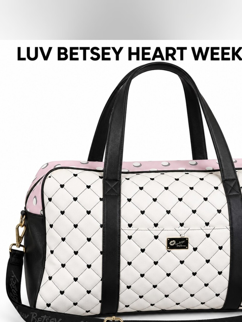 Luv Betsey by Betsey Johnson Heart Quilted Weekender Duffel Bag Pink Black White